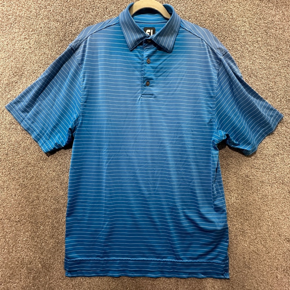 FootJoy Short Sleeve Golf‎ Polo Shirt Men Medium Blue Striped Golf Summer Preppy
